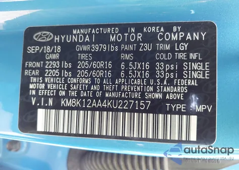2019 Hyundai Kona Se из США, поврежденный, VIN KM8K12AA4KU227157